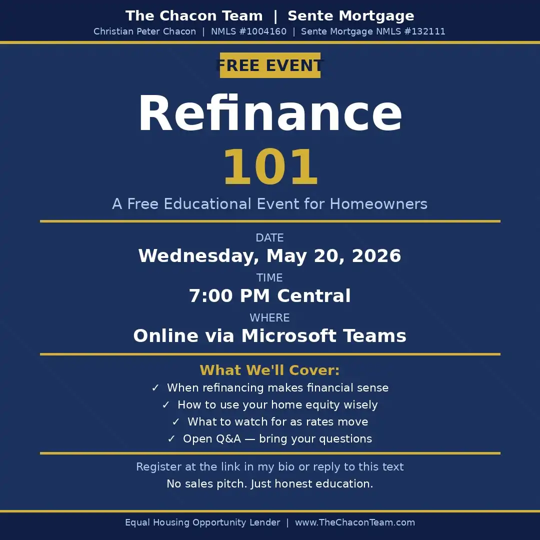 Refinance 101 β Free Educational Event for Homeowners, Wednesday May 20 2026, 7:00 PM Central, Online via Microsoft Teams